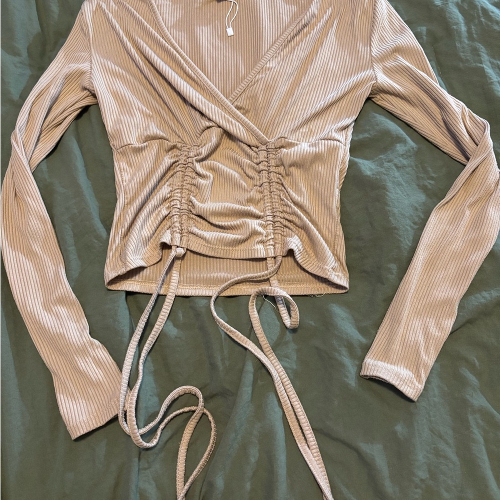 Cream Ruched Crop Top with Plunging V-Neck and Tie Front